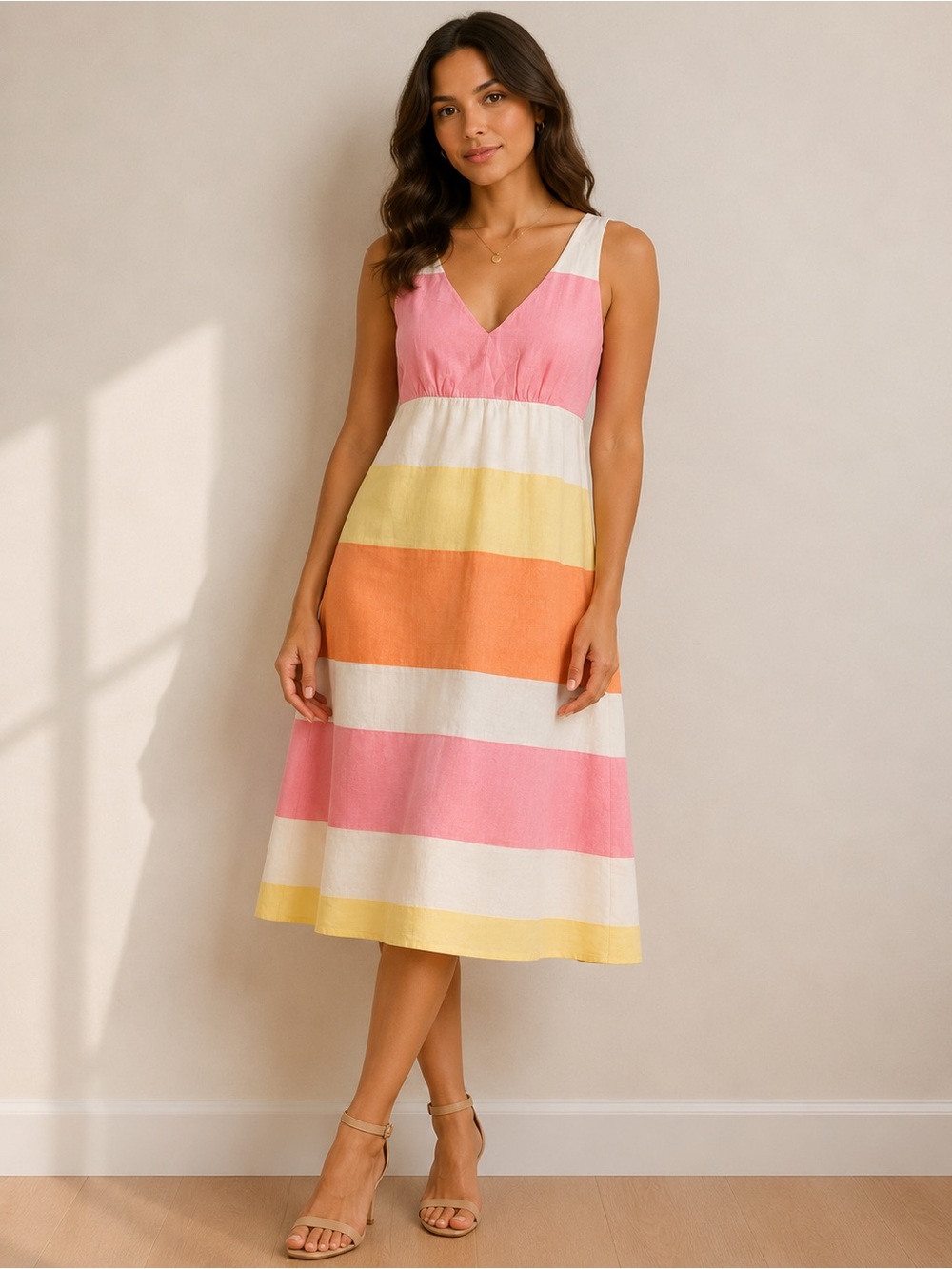 Jones New York Striped V-Neck Midi Dress in Pink, Orange & Yellow